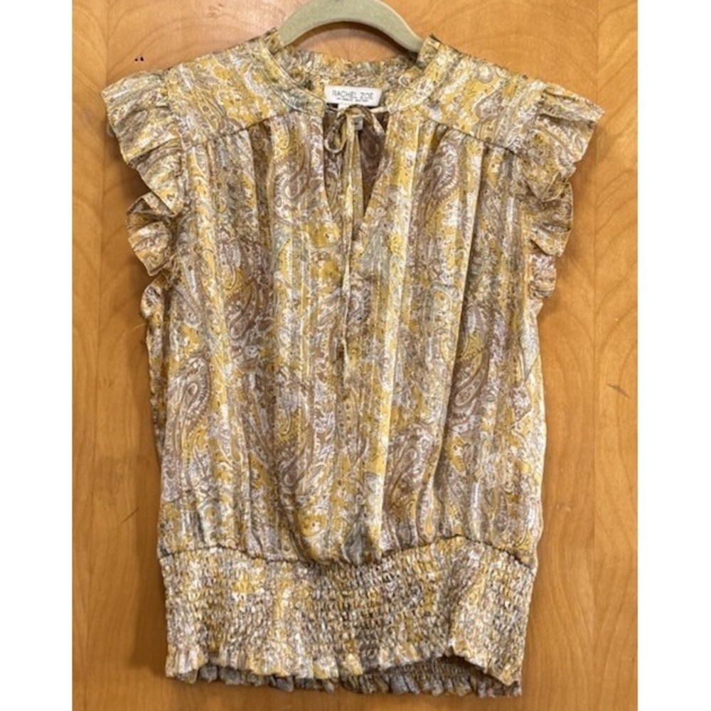 Rachel Zoe Elastic Waist Semi Sheer Blouse Ruffle Neck Sleeve Tie Neck Mustard M